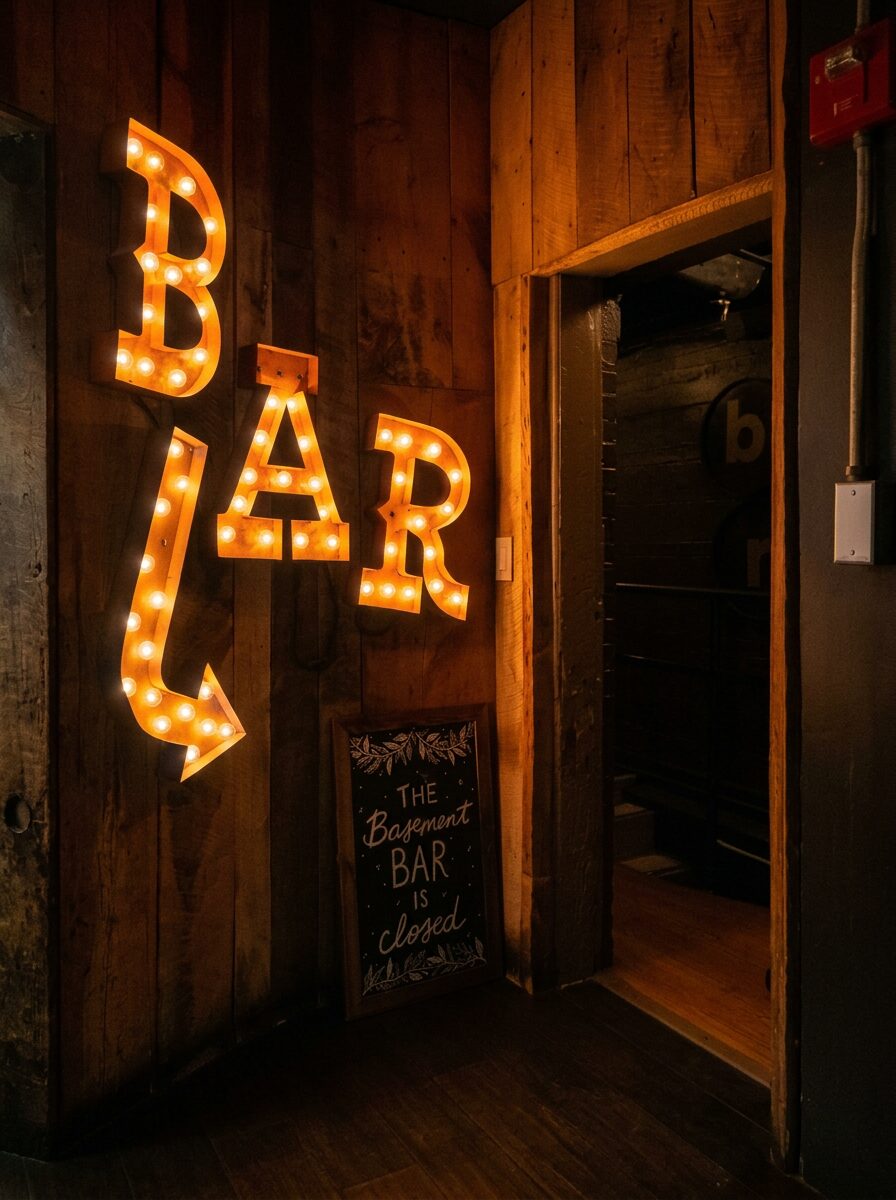 Glowing BAR marquee sign next to the staircase down to the bit, with a chalkboard reading 'The Basement Bar is closed'
