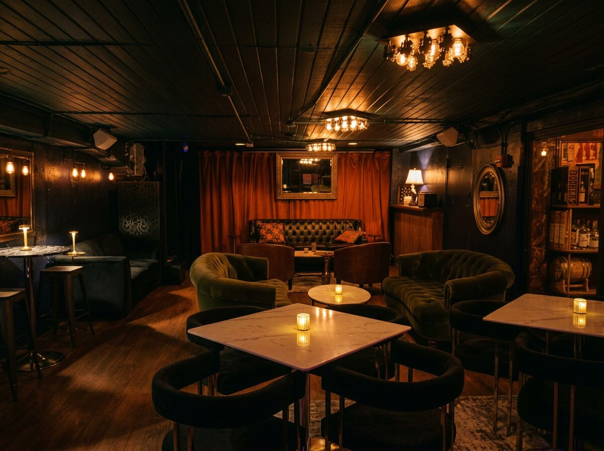 the bit's basement lounge — green velvet chesterfields, candlelit marble tables, burnt-orange curtain