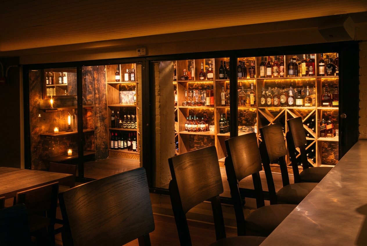 Backlit shelves of whiskey bottles in a small private room